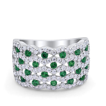 Wide Half Eternity Ring Round Simulated Green Emerald CZ 925 Sterling Silver